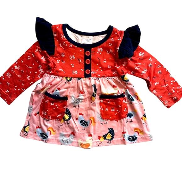 Boutique Toddler Girls 3T (M) Okie & Lou Red Blue Crazy Chickens Outfit - Picture 2 of 10
